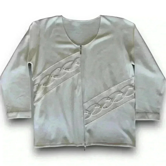 Vintage Sweaters - vtg cream cable knit sequin embroidered zip up cardigan italian wool sweater euc